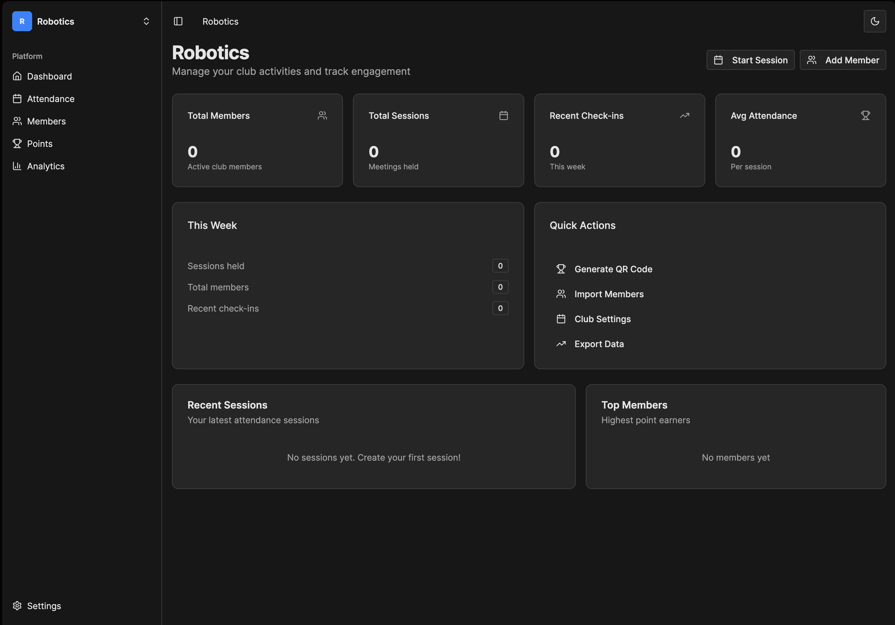 Club dashboard showing attendance tracking, member management, and analytics